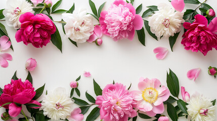 Obraz premium Pink peonies and assorted flowers on white background. Copy space. Generative AI 