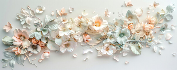 An elegant 3D wall art installation of a cascading floral arrangement, meticulously detailed with petals and leaves in soft pastel colors.