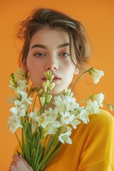 Woman with beautiful bouquet of freesia flowers photo woman photography.