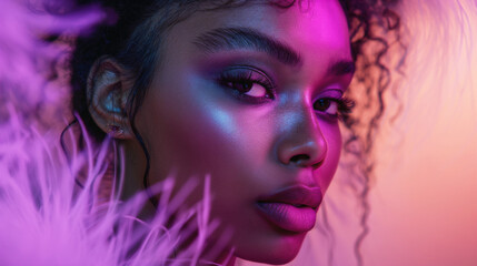 Naklejka premium Close-up Portrait of a Woman with Colorful Neon Lighting. Generative AI 