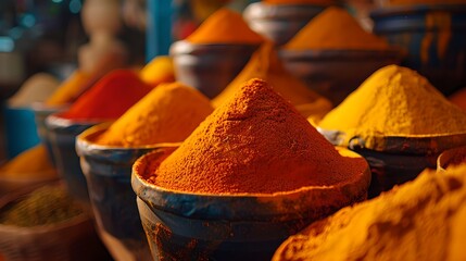 Vibrant Spices Stacked in Bowls at a Traditional Market - Aromatic and Colorful