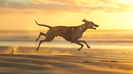 Graceful Greyhound Running on a Sunlit Beach at Sunset Captured in Mid-Air