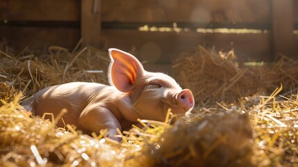 Peaceful Piglet Resting in Sunlit Barn on a Bed of Straw