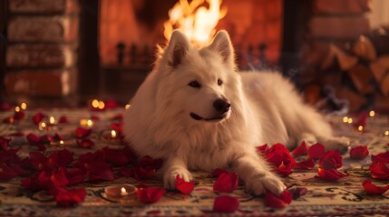 Serene Samoyed Dog Relaxing by Fireplace with Rose Petals
