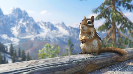 Adorable Chipmunk Perched on a Wooden Fence with Majestic Snowy Mountains in the Background