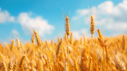 Fototapeta premium Golden Wheat Field Under Blue Sky - Symbol of Harvest and Nature's Bounty
