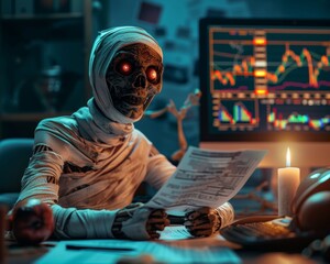  A mummy sits at a desk with a lit candle, looking at a document, illuminated by a computer screen displaying a stock market chart.