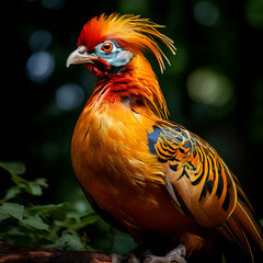 Fototapeta premium golden pheasant Wild pheasant side view close up landscape forest background generate ai 