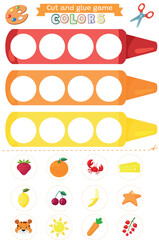 Learning basic colors red, yellow,orange with colorful pencils Cut and glue educational children game. Matching game worksheet for kids. Match by color. Find illustrations of the same color as pencils