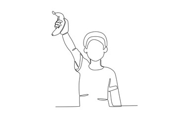 Single continuous line drawing of a Boy holding banana, world vegetarian day concept. One line draw design vector illustration
