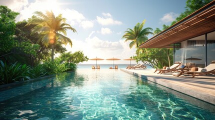 Fototapeta premium Luxurious resort poolside with clear blue water, lined with comfortable loungers and umbrellas, overlooking a beautiful ocean on the blue sky. Travel vacation