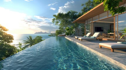 Fototapeta premium Amazing tropical paradise poolside view near resort exterior and loungers with blue sky sunset scene leisure travel vacation
