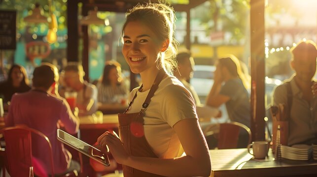 Smiling Waitress Taking Orders at a Bustling Sunny Restaurant