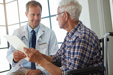 Doctor, man and wheelchair with paperwork in clinic for consultation, report or medical review....