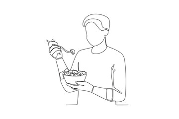 Single continuous line drawing of a Man eating salad, world vegetarian day concept. One line draw design vector illustration
