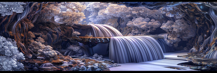 An intricate 3D wall art design of a cascading waterfall, meticulously detailed with layers of shimmering acrylic.