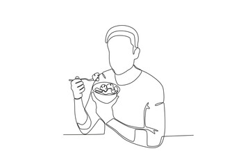 Obraz premium Single continuous line drawing of a Man eating salad, world vegetarian day concept. One line draw design vector illustration 