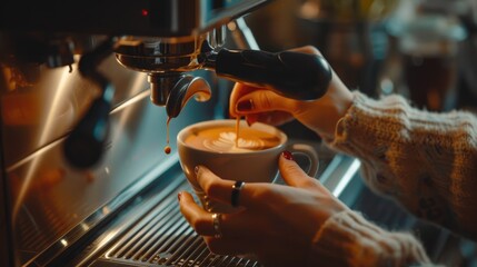 Close-up of a coffee machine with a cup of coffee. Professional coffee brewing. Preparation of fresh delicious natural coffee.