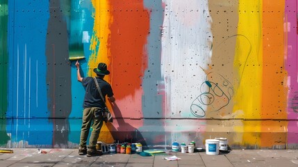 Urban Artist Creating Colorful Graffiti on a Sunlit Wall