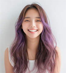 Naklejka premium Asian woman with purple balayage dyed hair