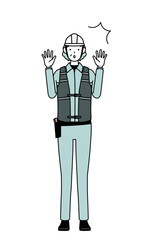 Senior female engineer in helmet and work wear raising her hand in surprise.