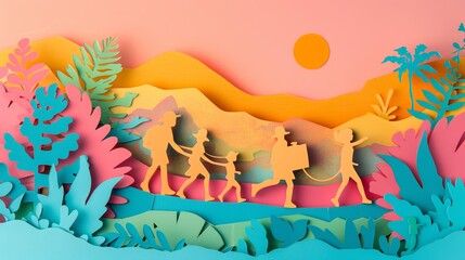 paper cut craft scene of family activities with warm landscape