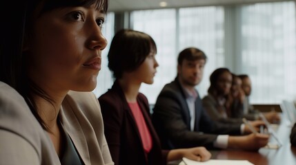 Fototapeta premium a woman in a meeting with a team of diverse professionals at the negotiation table, focusing on an entrepreneur at the helm, formulating a bold new direction for the business. generative AI