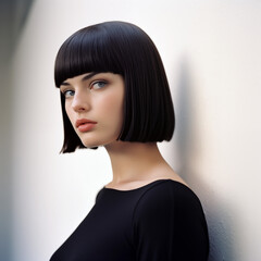 Portrait of a beautiful brunette girl with blue eyes and a bob haircut, a three-quarter portrait taken with a professional medium format film camera, studying the gaze