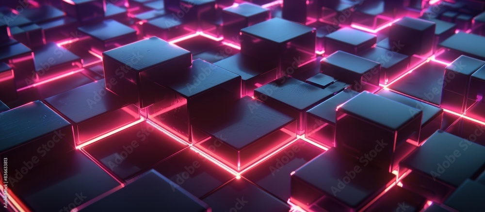 Wall mural 3d render, abstract blocks with pink neon light on a black background. generative ai image