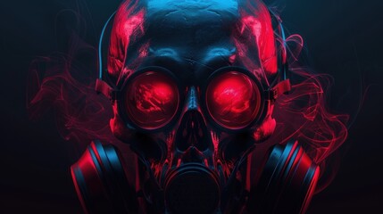 Naklejka premium Gas mask depicting a realistic skull with red smoke on a dark background. generative AI image