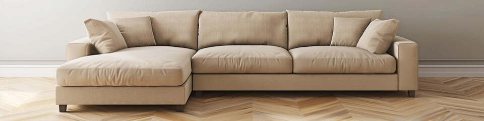 Fototapeta premium Beige sectional sofa in a minimalist room with wooden floors.