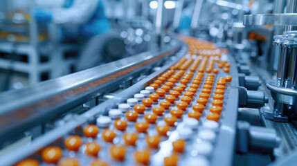 Obraz premium Pharmaceutical Plant with Automated Robots for Vitamin Bottling