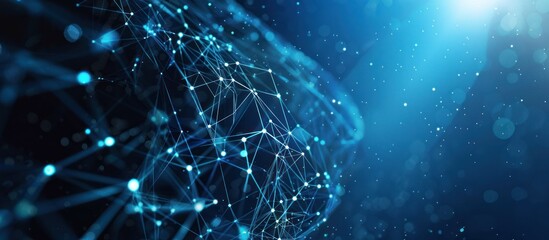 Futuristic digital neural network technology with glowing light blue on dark blue background.