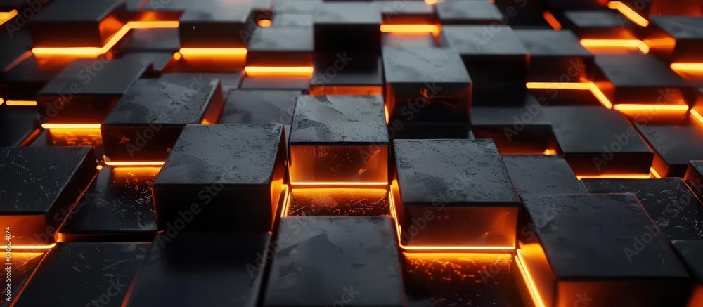 Wall mural 3d render, abstract blocks with orange neon light on a black background. generative ai image