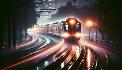 High-Speed Train in Rainy Night