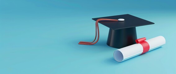 black graduation cap and diploma on blue background. minimalistic.