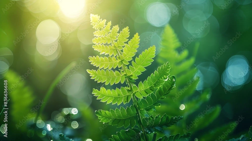 Poster Green Fern Plant with Sun Bokeh Background