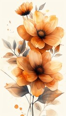 Elegant watercolor illustration of vibrant orange flowers with delicate leaves, perfect for home decor and art lovers.