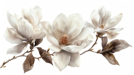 Naklejka premium Elegant watercolor painting of three white magnolia blooms with sepia-toned leaves, capturing the delicate beauty of nature.