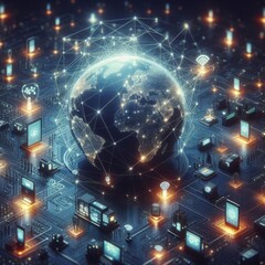 Fototapeta premium A digital globe illuminated with network connections, symbolizing global communication and digital networks. Perfect for illustrating internet connectivity and worldwide technology.. AI Generation