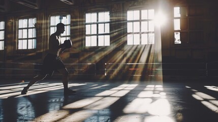 Boxer performing a shadowboxing routine, moving swiftly and gracefully, practicing technique and form in an empty gym, showcasing solitary dedication  - Powered by Adobe