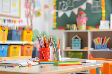 Classroom with neatly arranged desks and fresh supplies, ready to welcome students for a new academic year, symbolizing preparation and a fresh start 