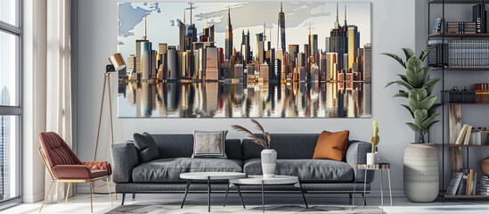 City skyline 3D wall art in metal with a charcoal gray sofa.