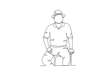 Single continuous line drawing of a sitting grandfather holding stick, elderly people day concept. One line draw design vector illustration
