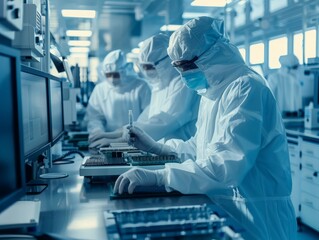 Engineers and technicians in a cleanroom environment assembling advanced semiconductor components, representing the high-tech nature of microchip production 