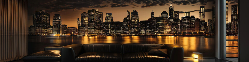 Cityscape silhouette 3D wall art with subtle lighting and a black leather sofa.