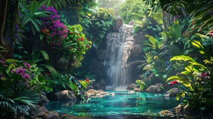 Jungle waterfall cascading into a crystal-clear pool, with lush greenery and vibrant flowers surrounding the scene, creating a picturesque and tranquil natural oasis 