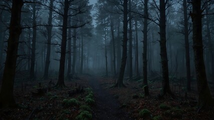The atmospheric background setting of an eerie forest at dusk ai_generated