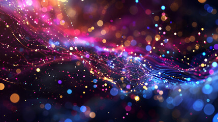Fototapeta premium A blurry image of a colorful abstract background with sparkles,3d rendering of glowing particles in cyberspace with depth of field