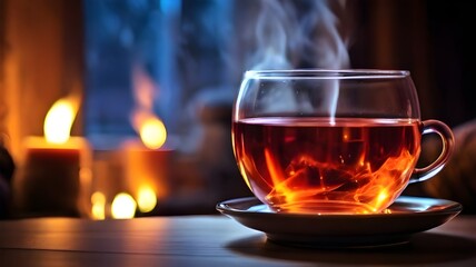 A clear, aromatic cup of hot tea against the backdrop of the fireplace's roaring flames. A cold, dark winter's evening in a warm, inviting home.